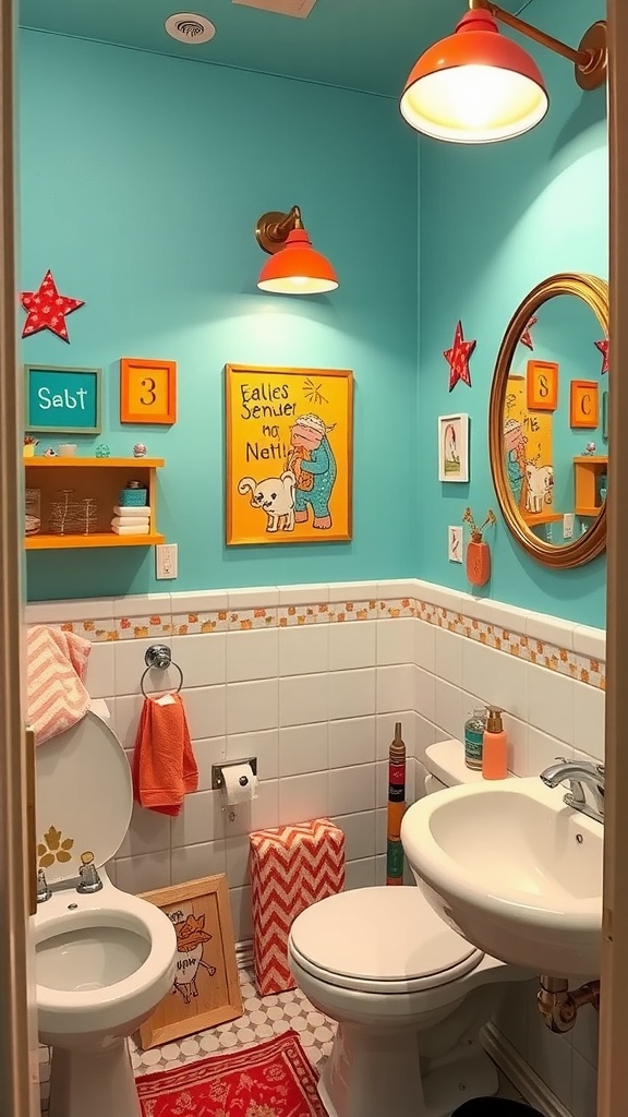 A small guest bathroom with turquoise walls, playful decor, and colorful accents.