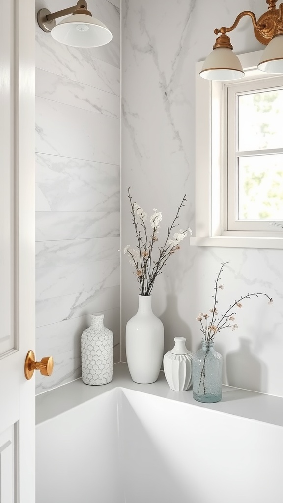 Decorative vases in a gray and white bathroom