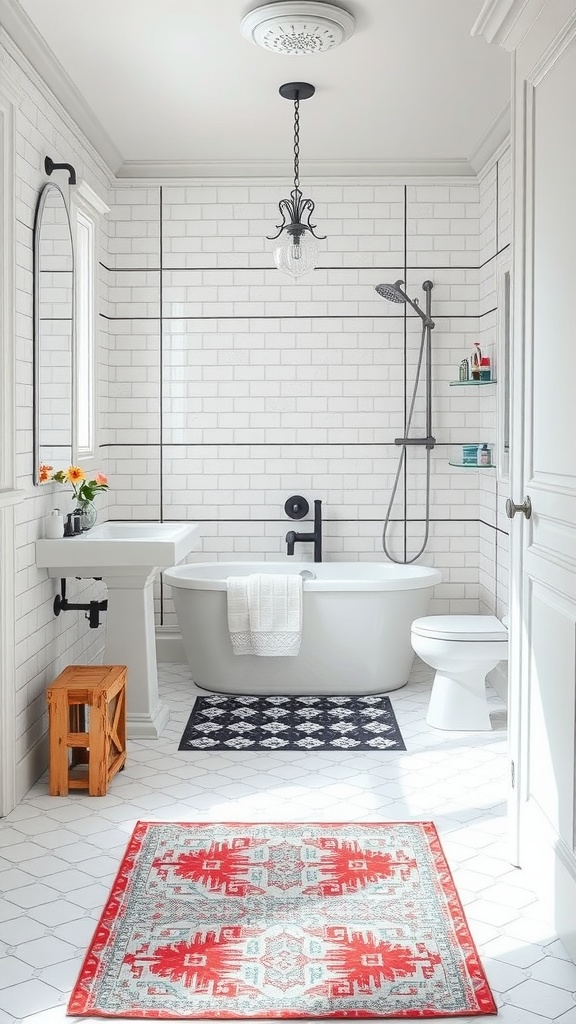 Bathroom featuring white and gray geometric floor tiles with a modern design.