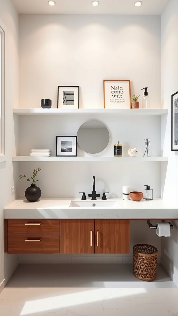 Modern bathroom featuring white floating shelves above a sink with wooden cabinets.