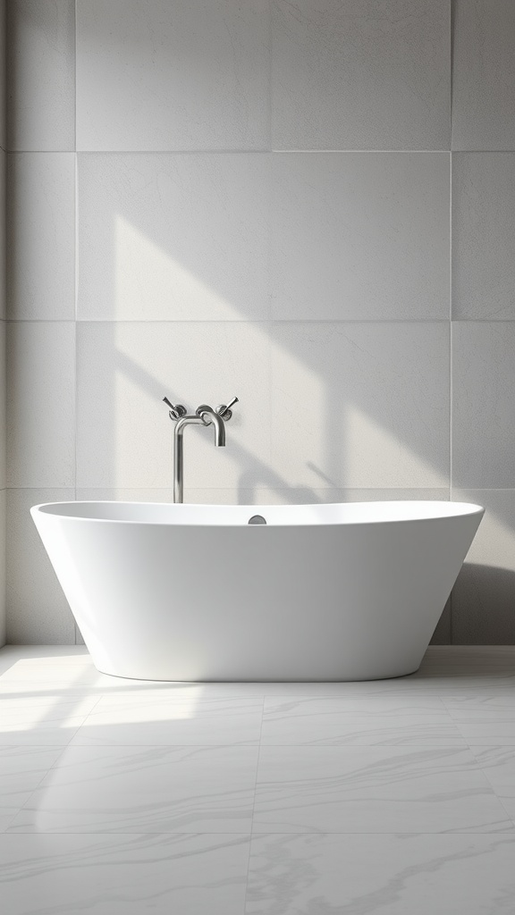 A white freestanding bathtub on gray floor tiles in a modern bathroom