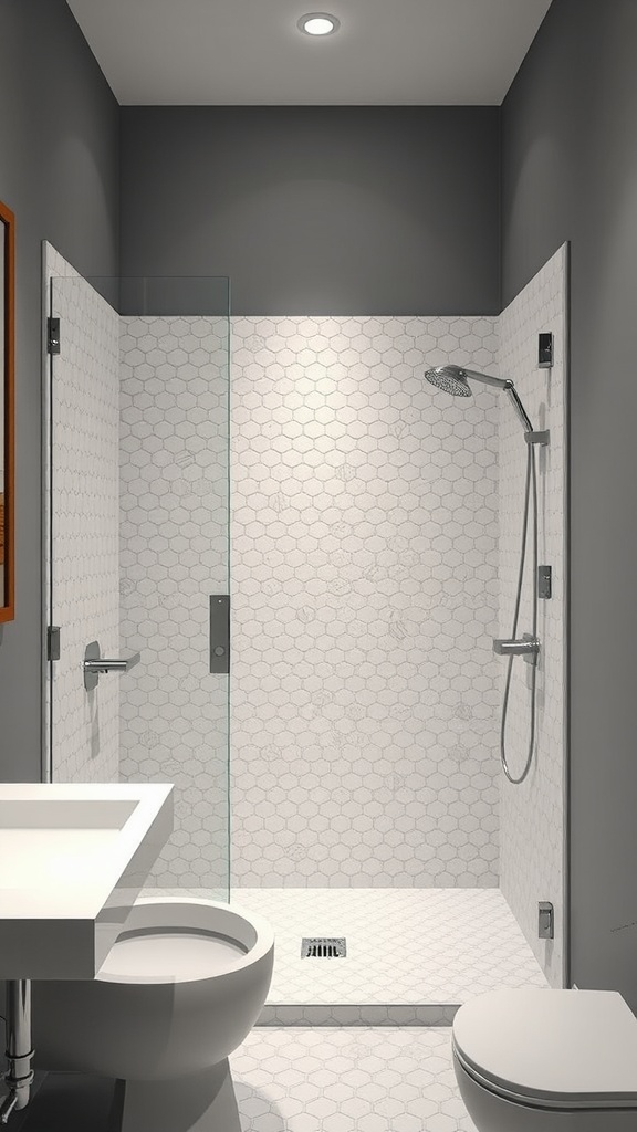A modern bathroom featuring a gray wall and white mosaic tile accents in the shower area.