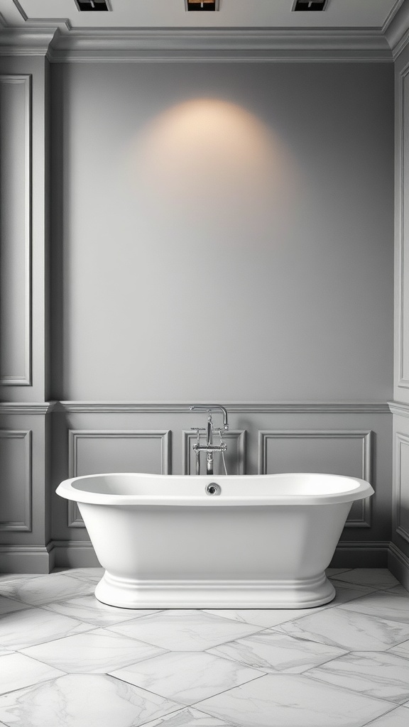 A white porcelain bathtub in a gray and white bathroom with gray walls and floor.