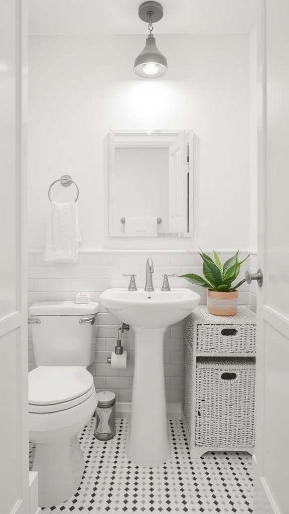 A bright bathroom with a white woven storage basket next to a sink, featuring gray and white decor.