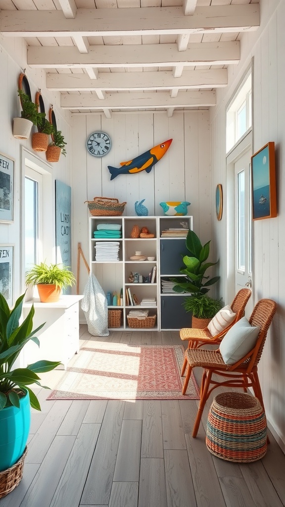 Bright room with whitewashed wood, colorful decor, and plants.