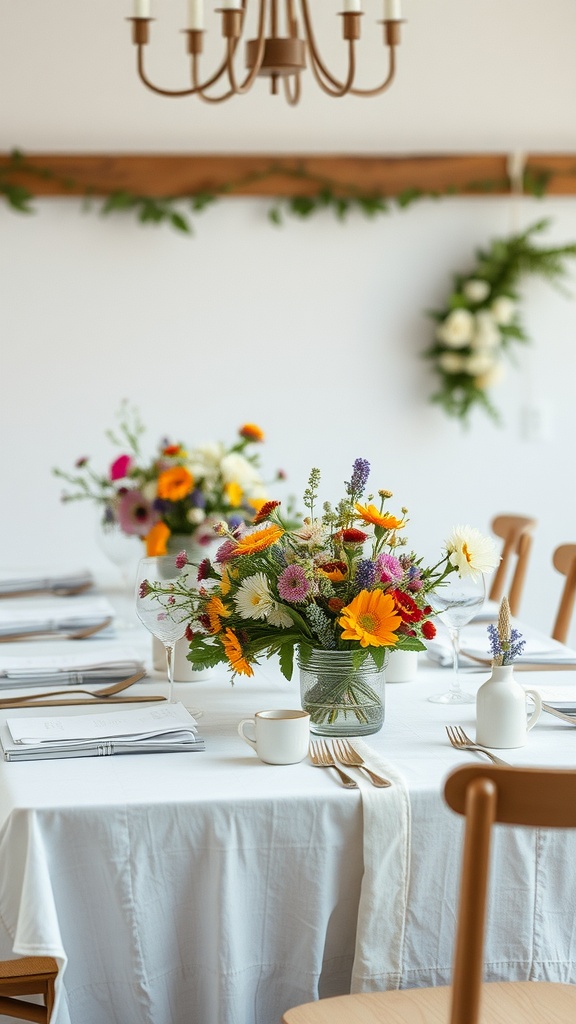 A cozy dining room table set with a wildflower bouquet centerpiece and simple place settings