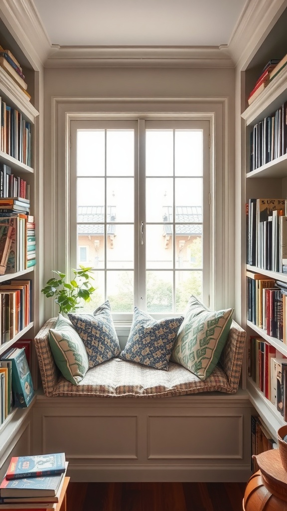 Cozy window seat surrounded by bookshelves with cushions and a plant