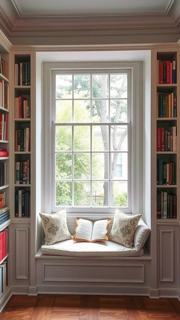 Cozy window seat with built-in bookshelves, soft cushions, and an open book