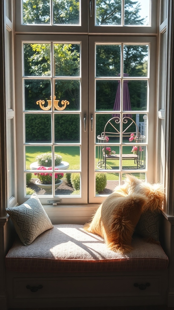 A cozy window seat with plush cushions, offering a view of a garden