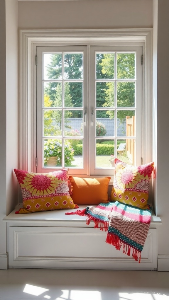 A cozy window seat with colorful cushions and a view of greenery outside.