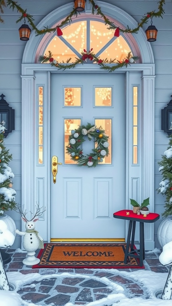 A winter-themed front door decorated with a wreath, surrounded by snow and festive lights.