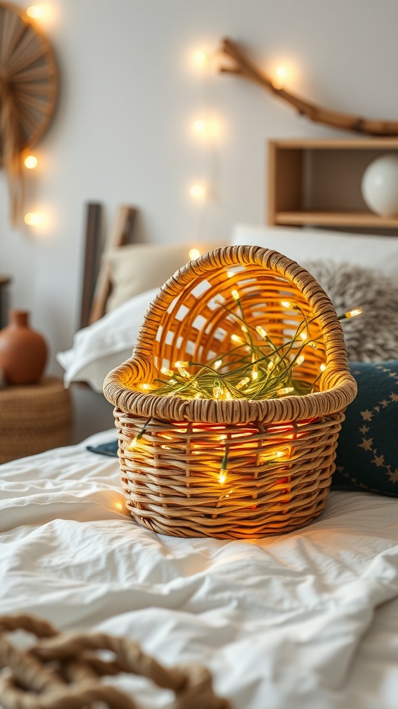 A woven basket filled with fairy lights sits on a bed, creating a cozy atmosphere.