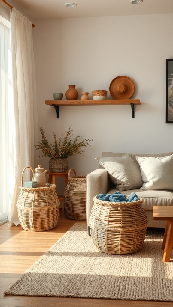 A cozy living room featuring woven baskets for storage, a comfortable sofa, and decorative items on a shelf.