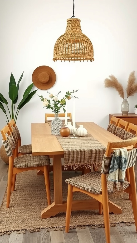 A cozy cottage core dining room with a wooden table, woven textile accents on chairs, and a natural woven pendant light.