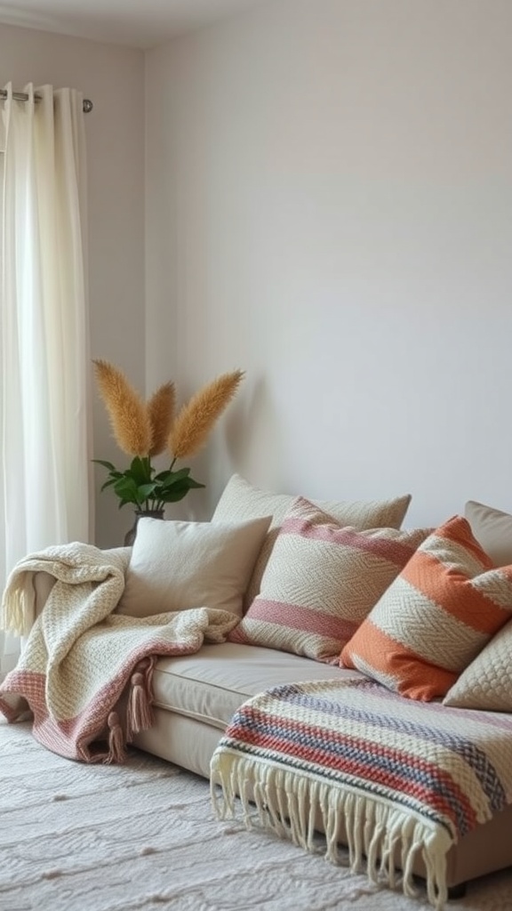 Cozy living room with a beige sofa, colorful woven pillows, and a knitted throw, complemented by a plant.