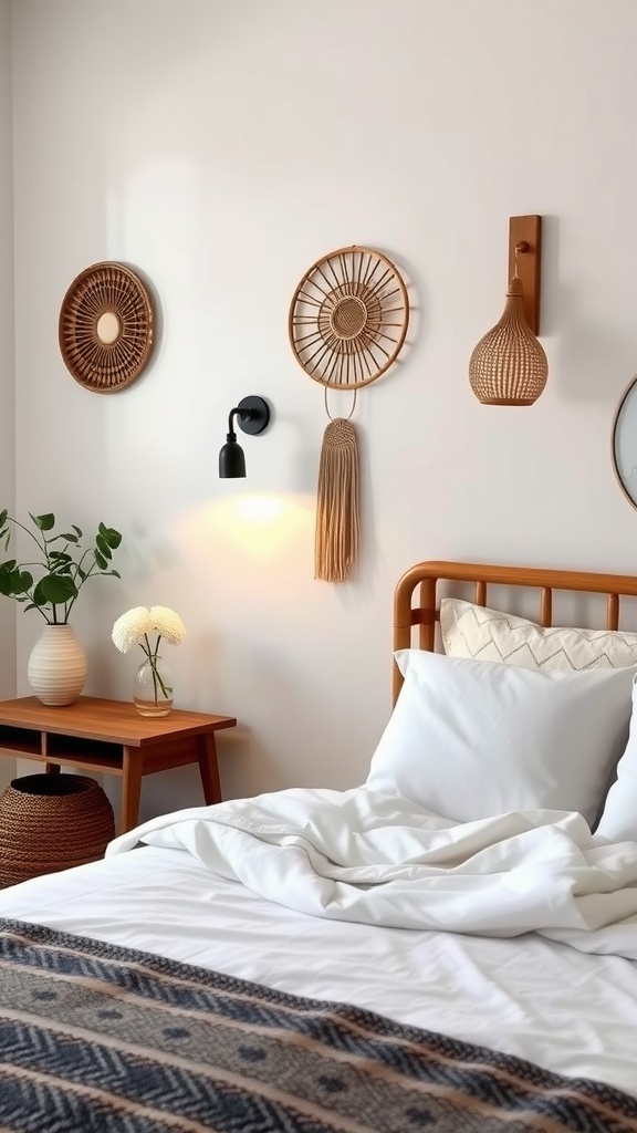 Woven wall sconces in a boho bedroom with a stylish bed, plants, and decorative elements