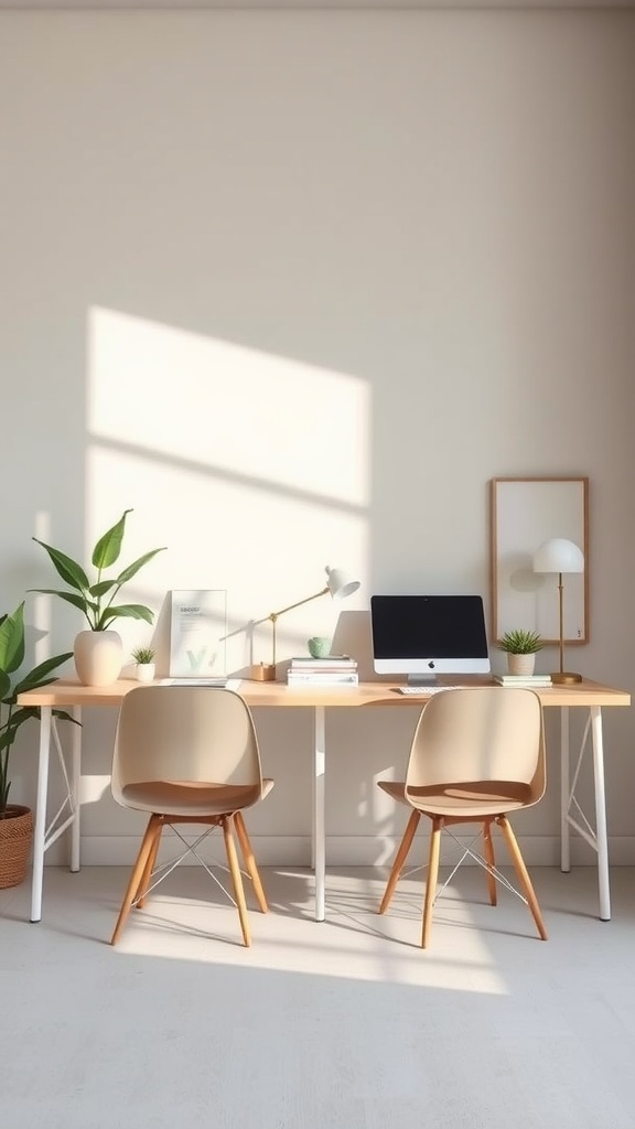 A Zen-inspired double desk setup featuring a long wooden desk with two beige chairs, plants, and a computer in a bright room.