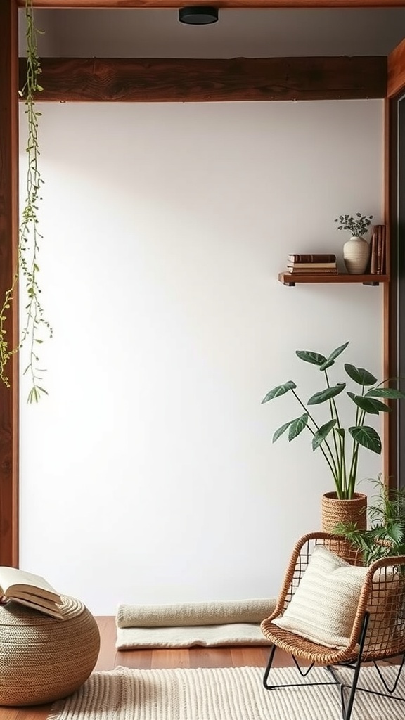 A serene reading corner with wooden beams, a comfy chair, plants, and minimal decor.