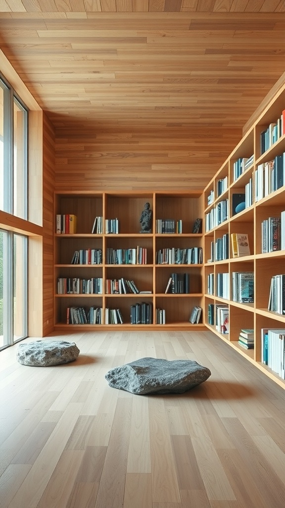 Zen-style home library featuring wooden shelves, natural stone seating, and large windows