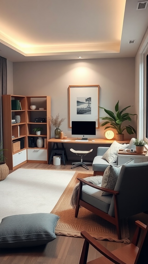 A serene modern home office with soft lighting, plants, and comfortable seating.