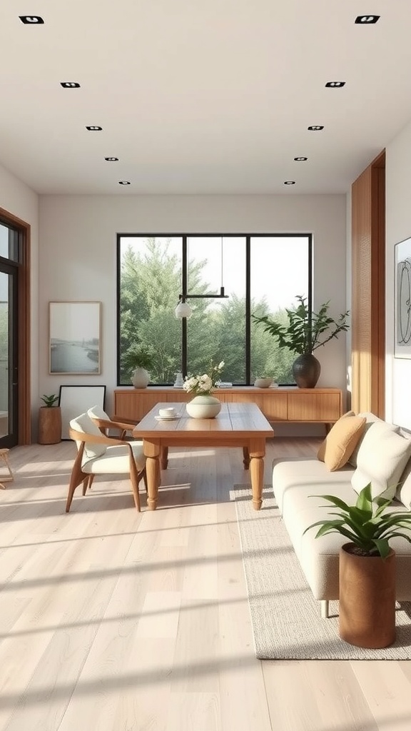 Cozy living room dining room combo with wooden furniture and plants