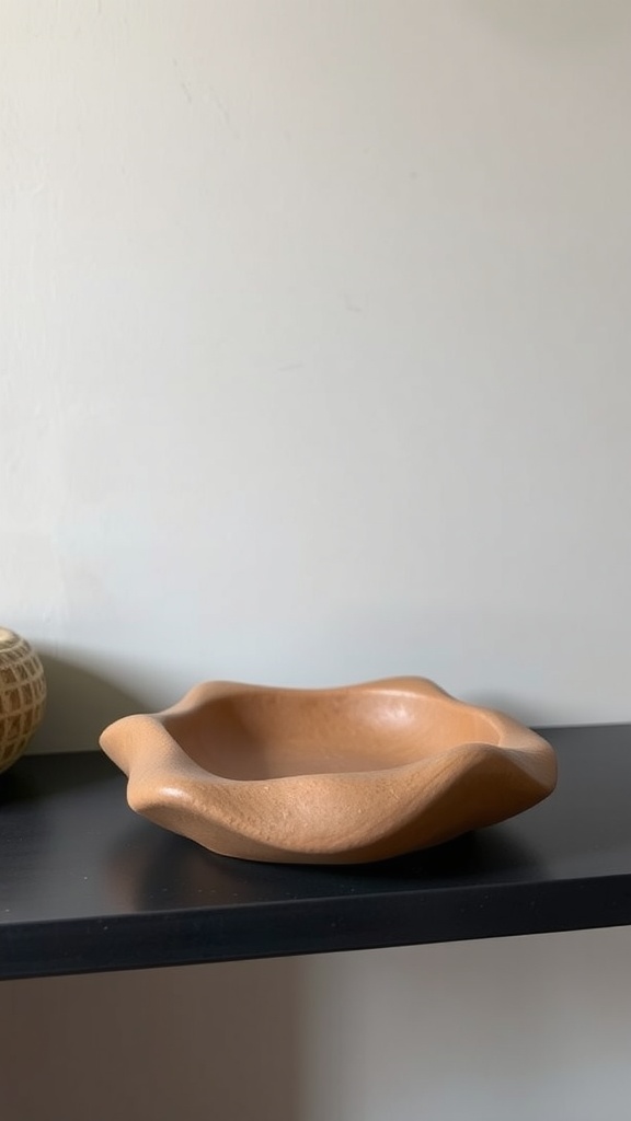 An abstract sculptural clay ashtray with soft, wavy edges sitting on a black shelf