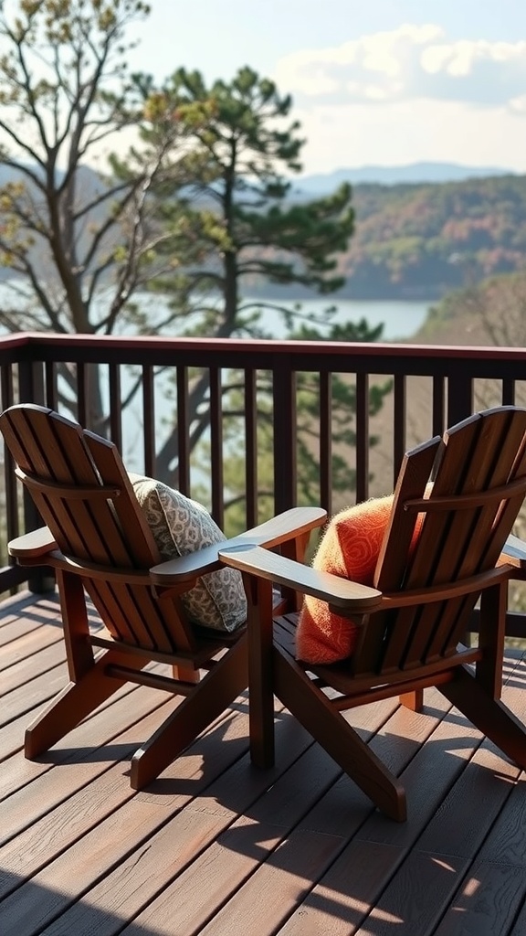 Two Adirondack chairs on a deck overlooking a lake