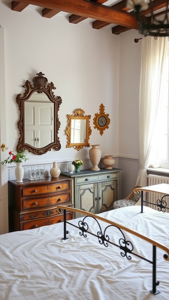 A cozy French cottage bedroom with antique decor, including ornate mirrors and vintage furniture.