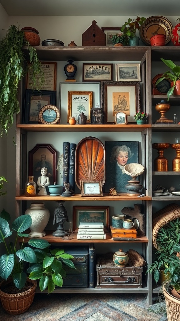 A shelf displaying an assortment of antique items and curiosities.