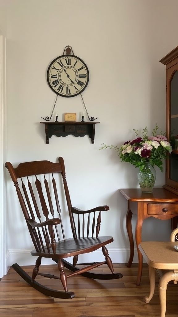 Antique furniture including a rocking chair, a vintage clock, and a floral arrangement on a table.