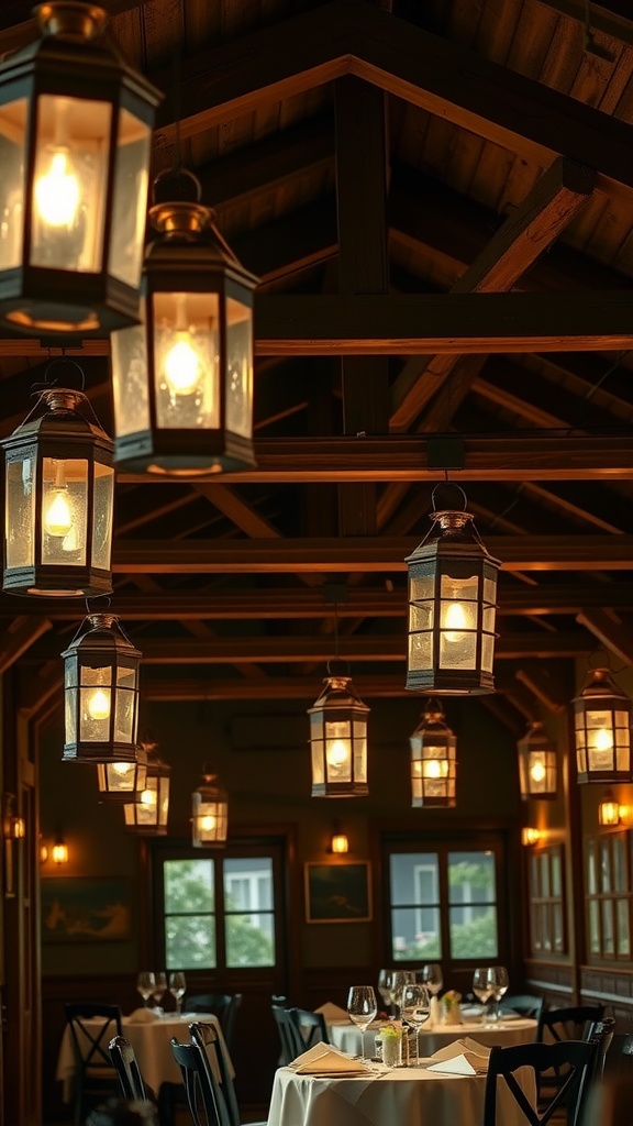 Interior of a restaurant with antique lanterns hanging from the ceiling, creating a warm ambiance.