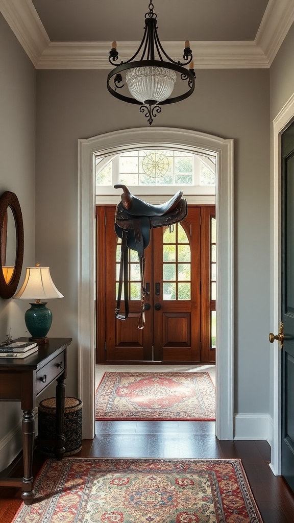 A vintage saddle hanging in a rustic entryway with wooden doors and elegant decor.