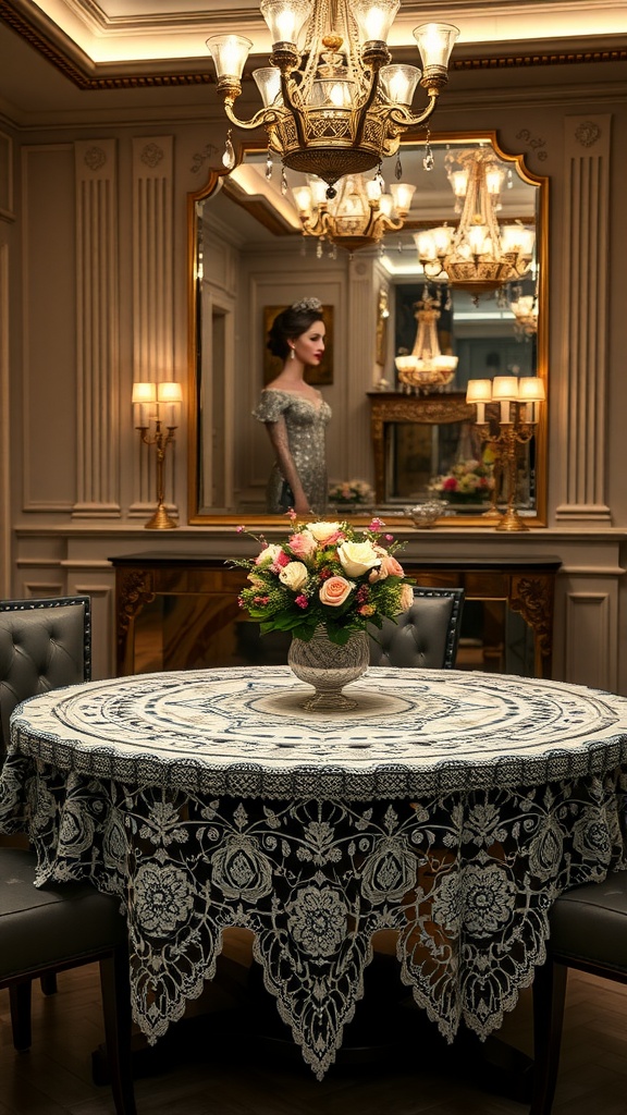 Art Deco inspired crochet table cover on a round table with a floral centerpiece, set in an elegant dining room.