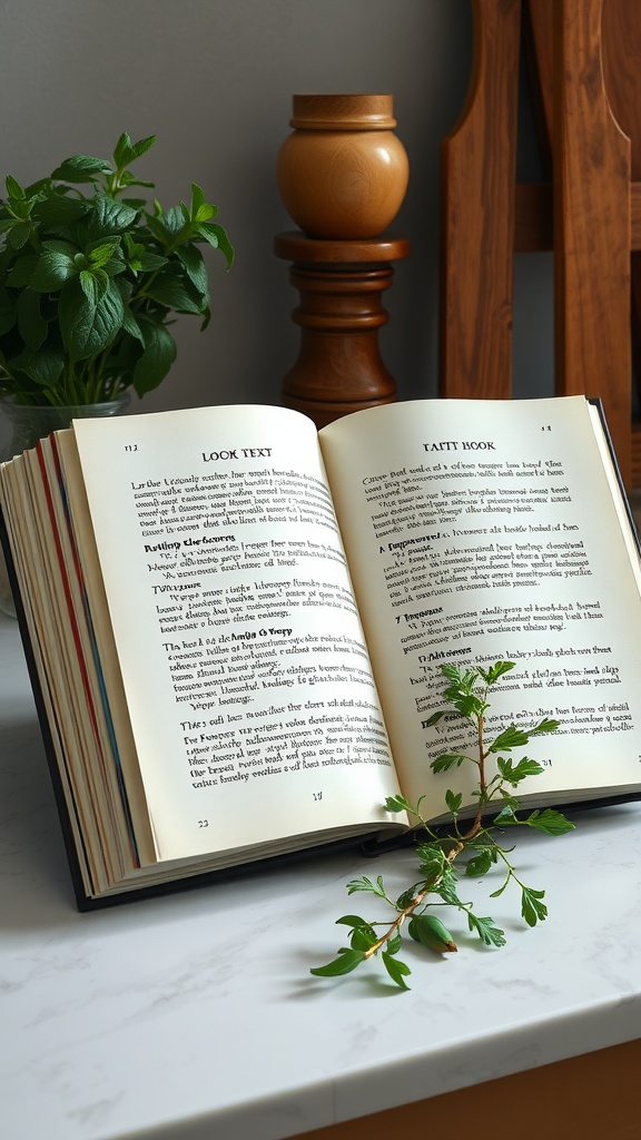 Open cookbook displayed with fresh herbs on a kitchen counter.