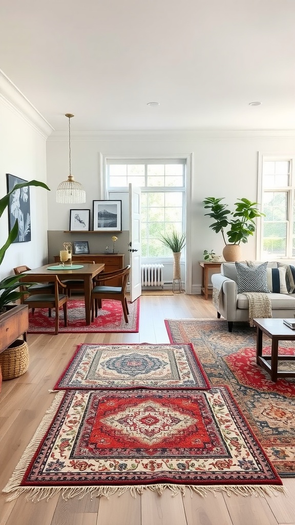 A stylish living space featuring multiple rugs to define areas.