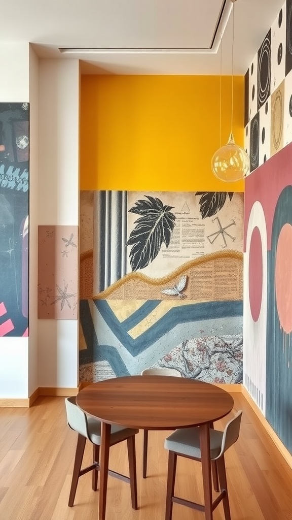 A stylish interior featuring colorful wall treatments and a small wooden table with chairs.