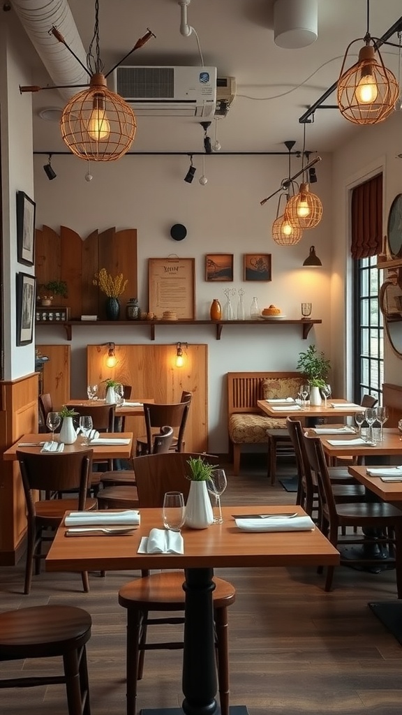 A cozy artisan-style dining area with wooden furniture and warm lighting.