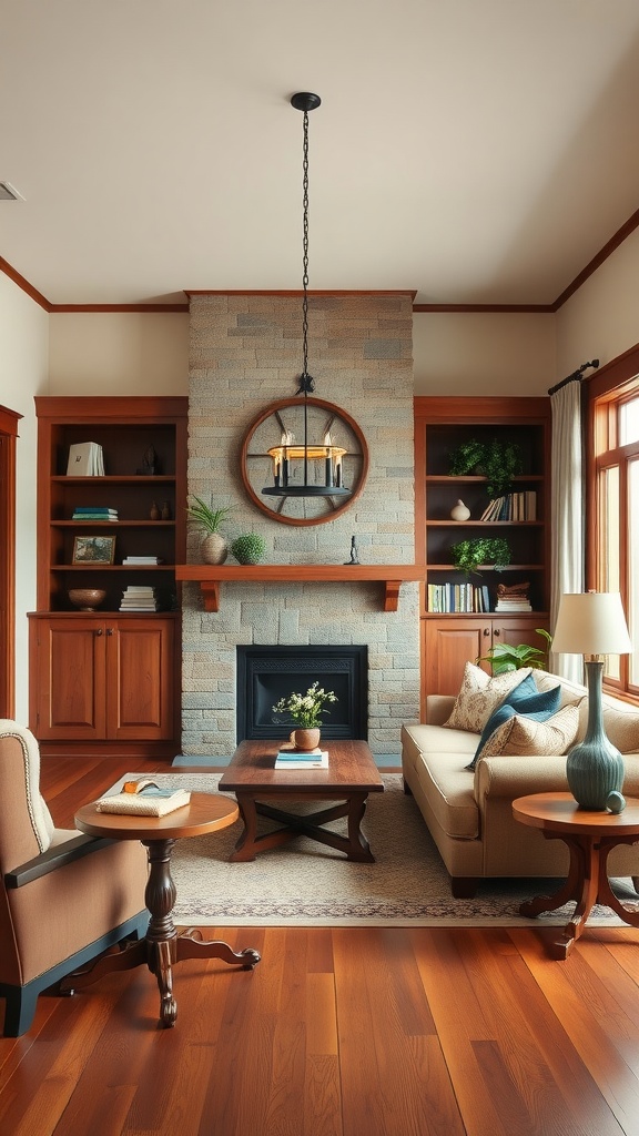 Cozy traditional living room featuring a stone fireplace, wooden furniture, and warm colors.