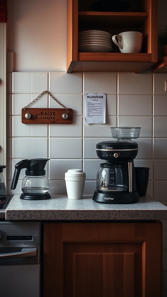 A coffee station setup featuring a coffee maker, clear containers, and decorative items on a small kitchen counter.