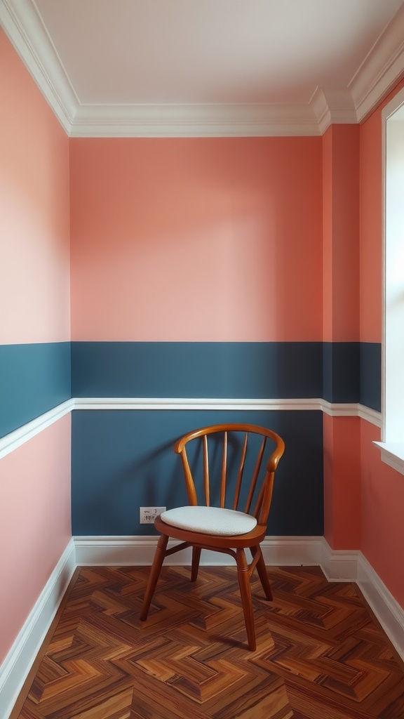 A corner room featuring two-toned walls in coral and navy, separated by a white chair rail, with a wooden chair.