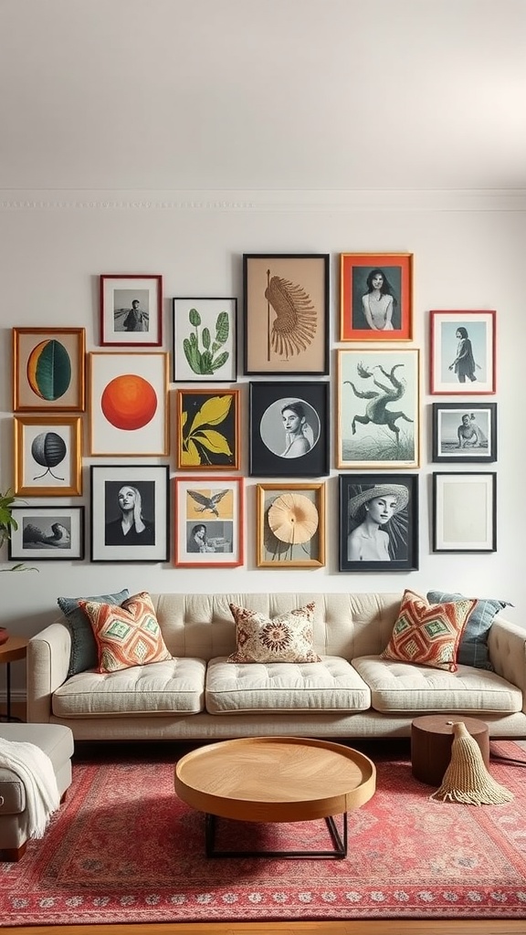 A modern living room featuring a gallery wall with various framed art pieces, a neutral sofa, colorful pillows, and a round wooden coffee table.