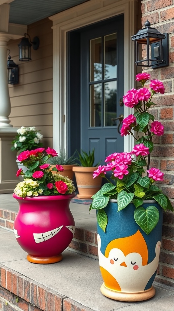 Artistic planters with unique designs featuring flowers on a porch