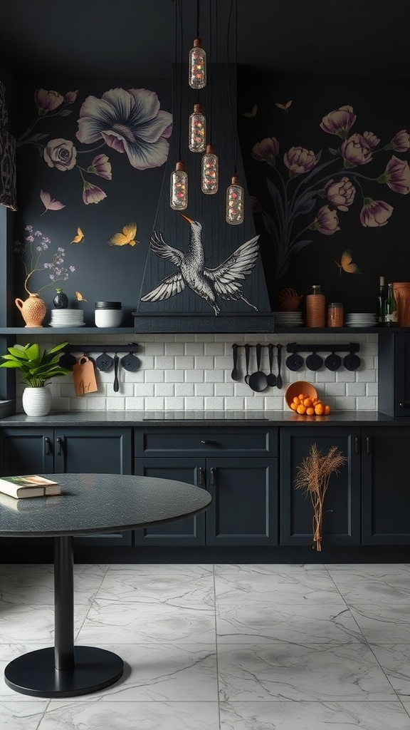 A kitchen with artistic wall treatments featuring dark tones and floral motifs, a bird illustration on the hood, and accent lighting.