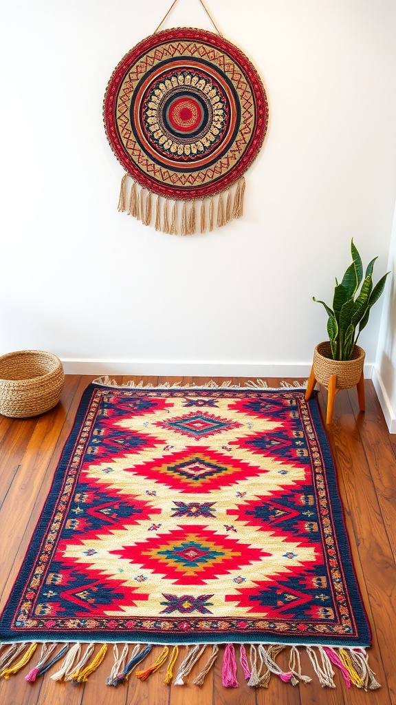 A colorful authentic Mexican rug with geometric patterns on wooden floor, accompanied by a decorative wall hanging and potted plant.