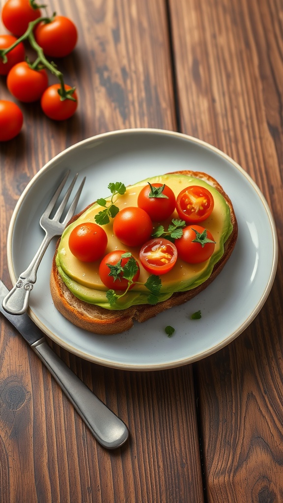 Avocado toast topped with cherry tomatoes on a plate