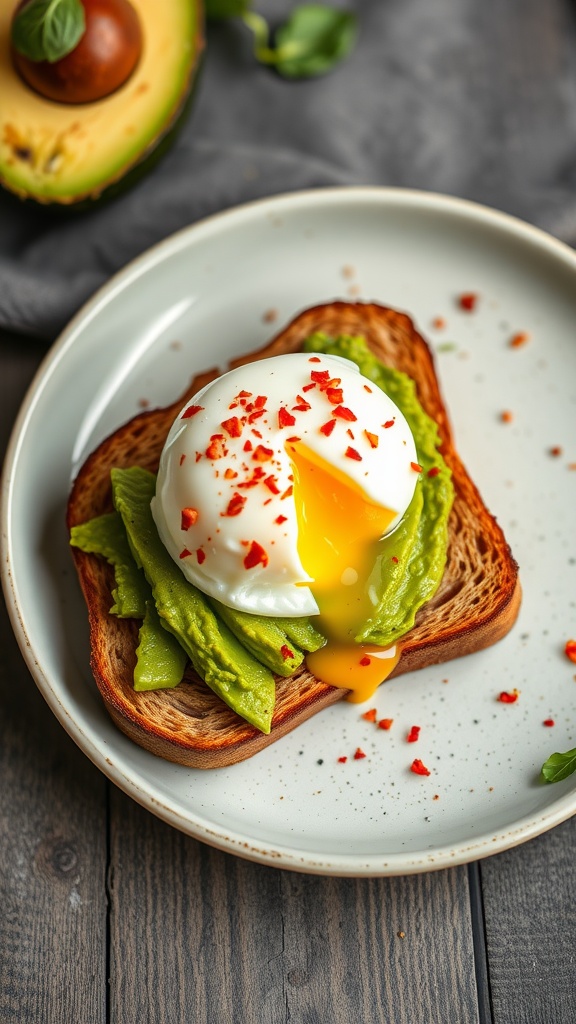 A plate of avocado toast topped with a poached egg and sprinkled with red pepper flakes.