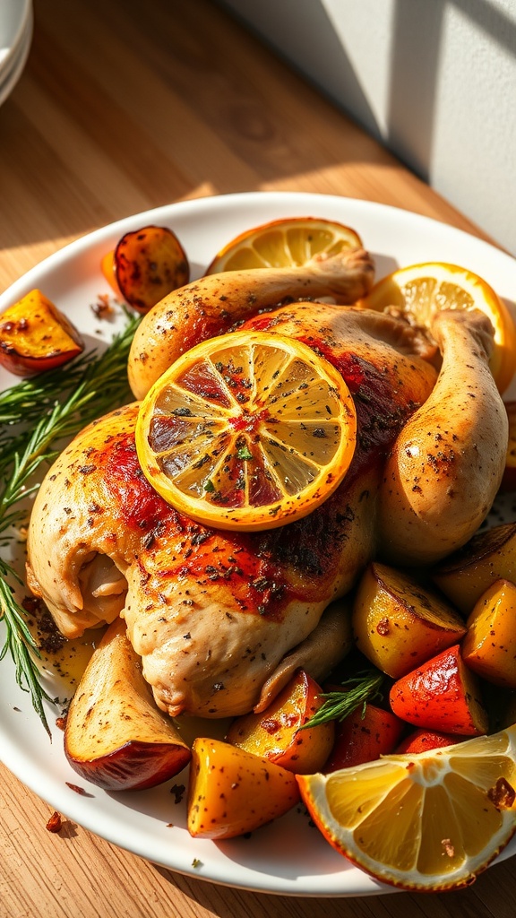 A plate of baked lemon herb chicken with lemon slices and herbs.