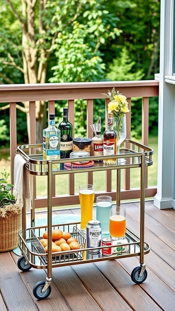 A stylish bar cart on a deck with various drinks and snacks.