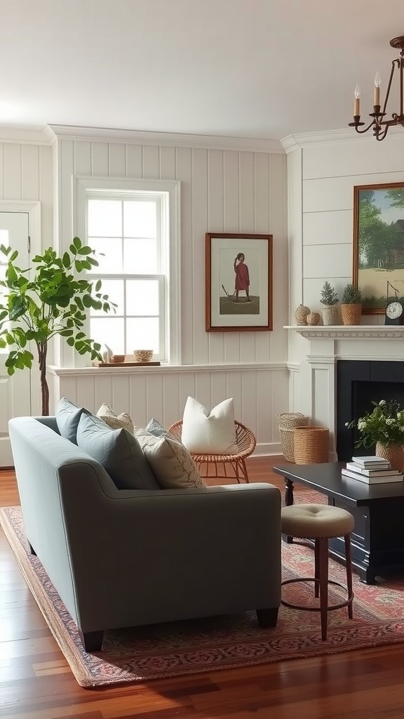 A cozy living room featuring beadboard wainscoting with a sofa, plants, and decorative items.