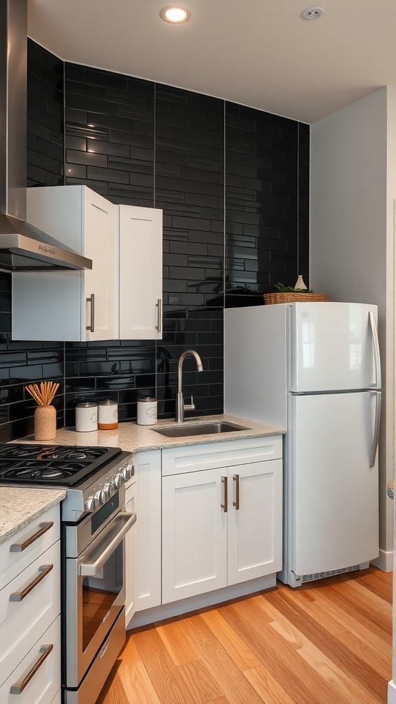 A sleek kitchen featuring a black tile backsplash, white cabinets, and wooden flooring.